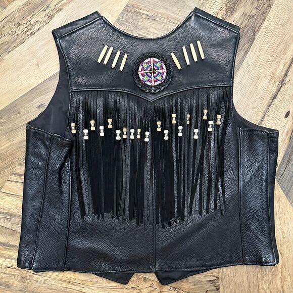 S.P. Leathers Buffalo Nickel Snap Bikers Vest Black Fringe Native Beadwork 10-12 - Picture 11 of 13